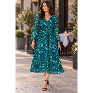 Ann Taylor Factory Green Boho Floral Chiffon V-Neck Midi Dress Size Small